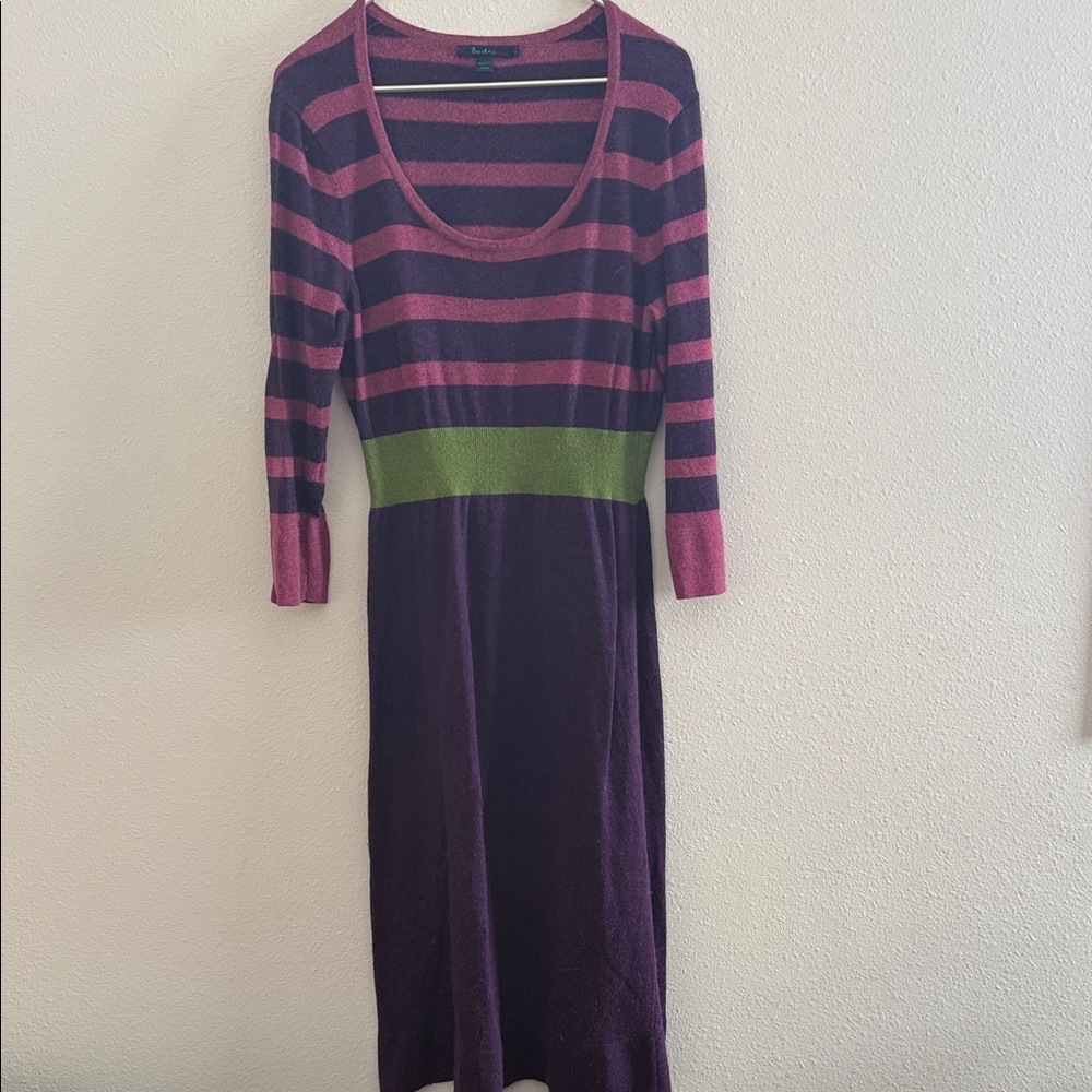 Boden Purple, Pink & Green Long Sleeve Striped Scoop Neck Sweater Dress